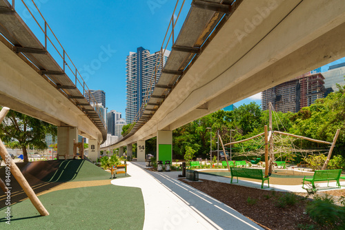 Miami Underline 2024. Scenic pedestrian pathway under the metrorail tram. Florida, USA