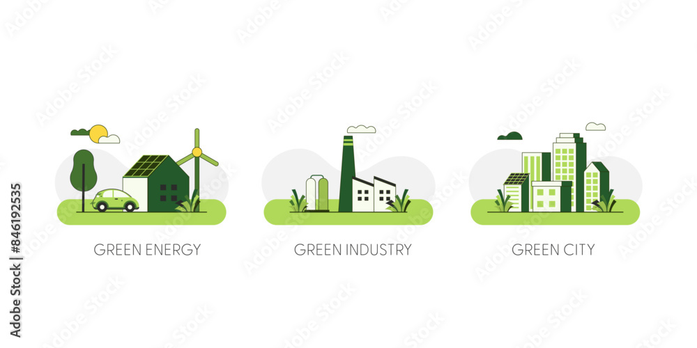 Fototapeta premium Green Energy, Green Industry, Green city. Concept of Sustainable Green ecology, environment and alternative renewable energy. Flat Vector Illustration.