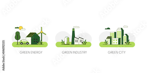 Green Energy, Green Industry, Green city. Concept of Sustainable Green ecology, environment and alternative renewable energy. Flat Vector Illustration.