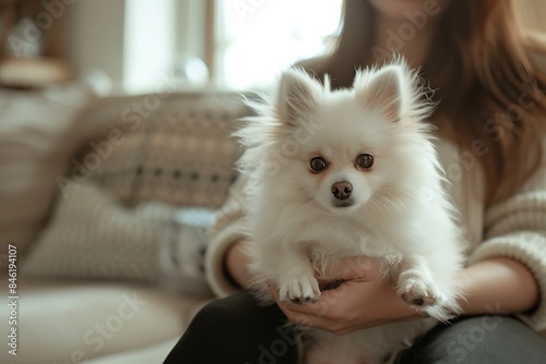 white spitz in the hands of a woman owner