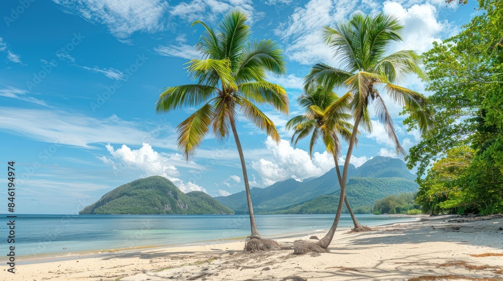 Paradise beach of a tropical island, palm trees Paradise beach of a tropical island, palm trees