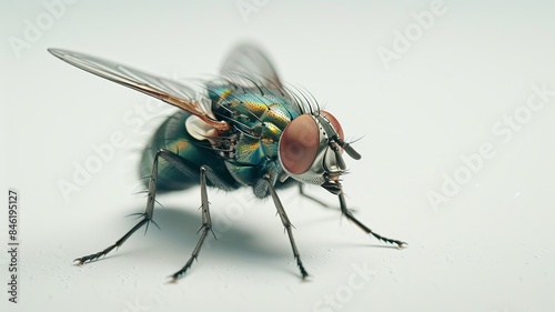Close-up View of Housefly with Detailed Wings and Compound Eyes on White Background