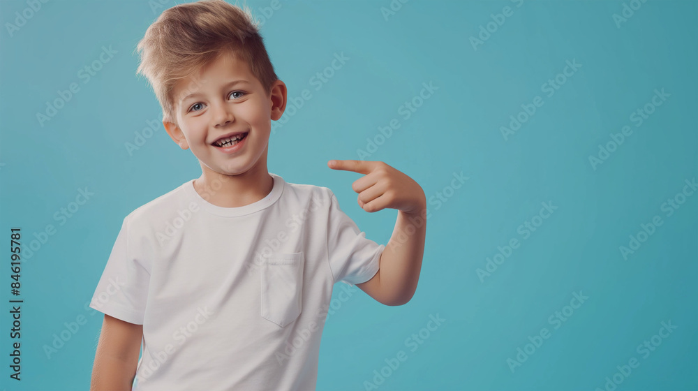 Little small happy boy 6-7 years old in green casual t-shirt point index finger aside on workspace area isolated on plain blue background studio portrait. Mother's Day love family lifestyle concept. Little small happy boy 6-7 years old in green casual t-shirt point index finger aside on workspace area isolated on plain blue background studio portrait. Mother's Day love family lifestyle concept.