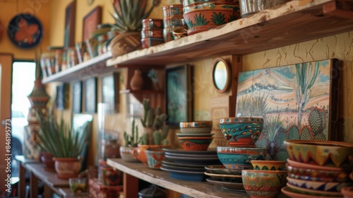 Handcrafted pottery and westerninspired artwork displayed on the walls. photo
