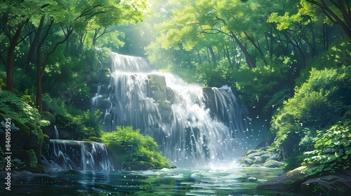 Oil painting, a waterfall in a lush green forest, represents the richness of the forest