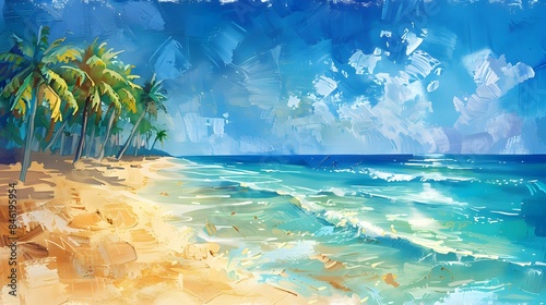 Tropical Beach Scene, A vibrant, sunny beach with clear blue water palm trees and soft sand, Use warm tones to highlight the sunny atmosphere