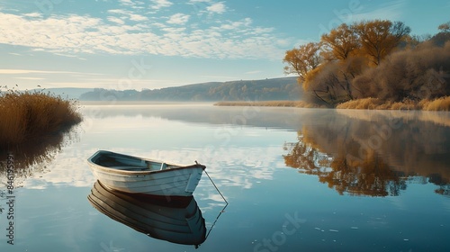 Reflections of trees sky and small boats on the still surface of the water, in the spring warm tones of leaves