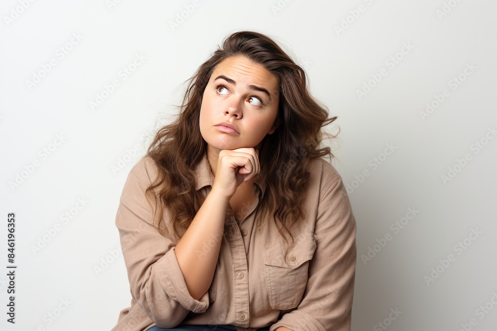 Pensive young plump woman thinking in casual attire iover white background Pensive young plump woman thinking in casual attire iover white background