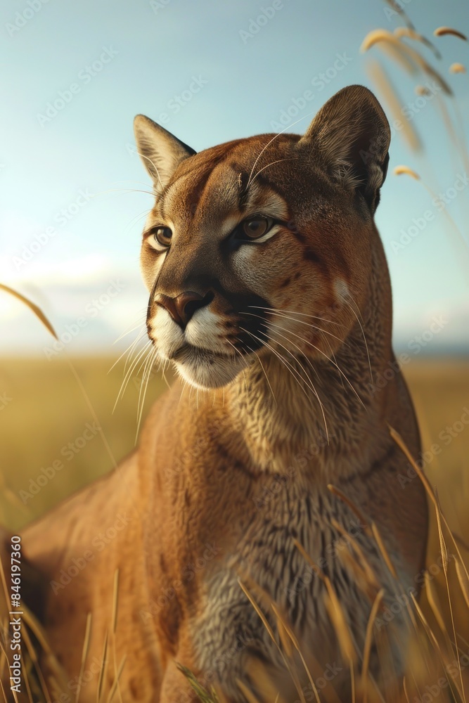 Obraz premium puma stalks its prey from behind the bushes. cougar head wallpaper
