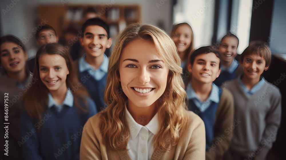 Portrait of happy female teacher with students in background at school Portrait of happy female teacher with students in background at school