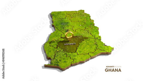 3D rendering of Ghana map highlighting Ashanti region isolated on transparent background
 photo