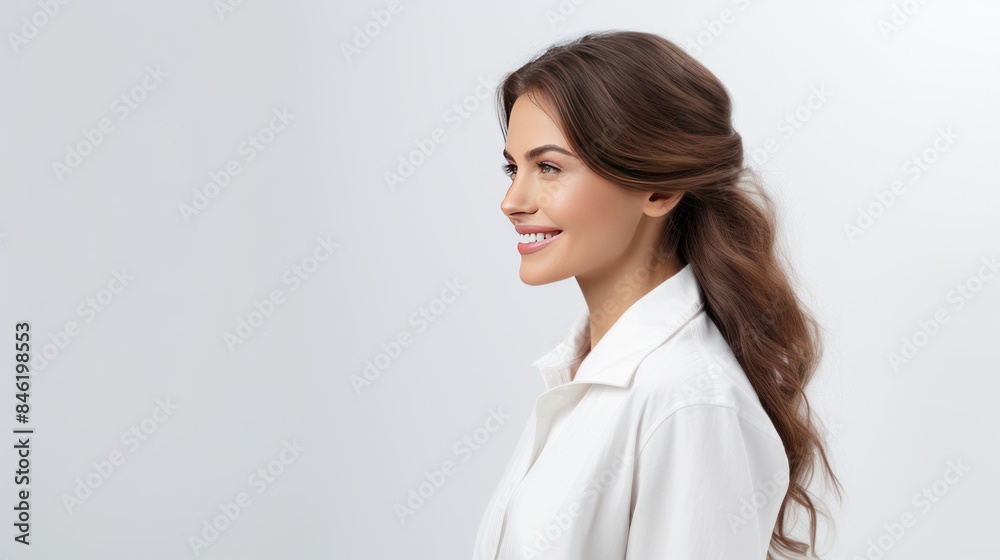 Profile photo of attractive family doc lady patients consultation friendly smiling Profile photo of attractive family doc lady patients consultation friendly smiling