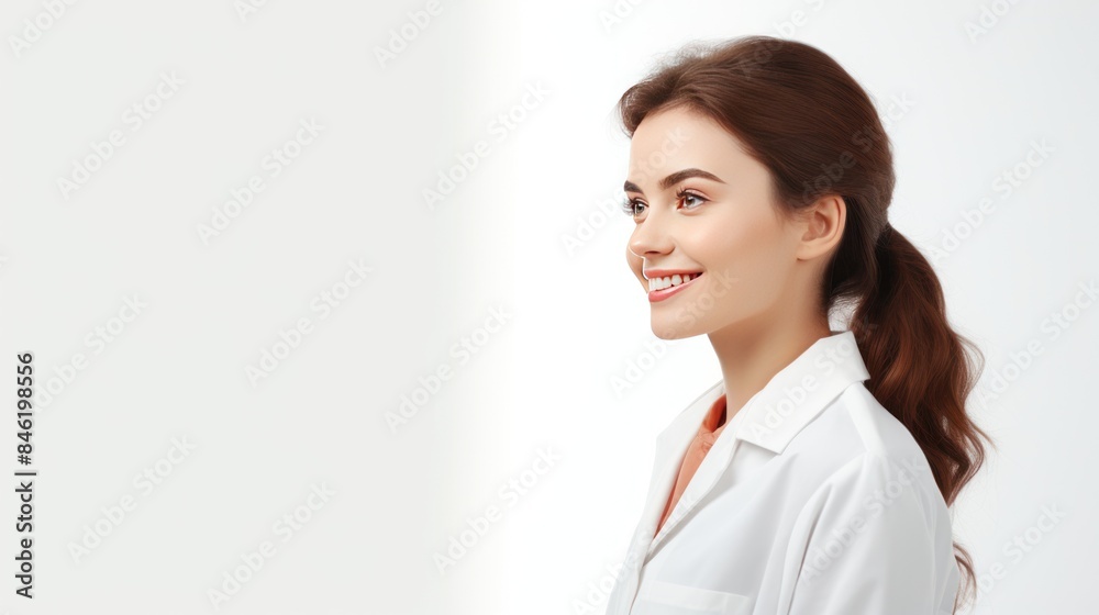 Profile photo of attractive family doc lady patients consultation friendly smiling Profile photo of attractive family doc lady patients consultation friendly smiling