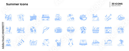 Summer Icon set. Summer, Icon, Beach, Sand, Sun, Waves, Umbrella, Palm trees, Sunglasses, Beach hat, Guitar, Ice cream, Water, Surfer, Surfboard. Vector blue icon illustration