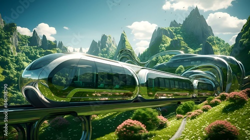 A sleek futuristic train speeds through a lush tunnel of green plants.