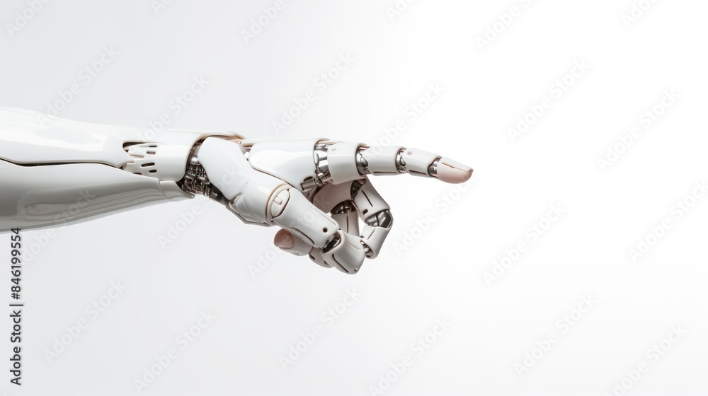 White cyborg robotic hand pointing his finger White cyborg robotic hand pointing his finger