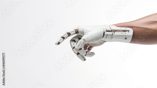 White cyborg robotic hand pointing his finger 
