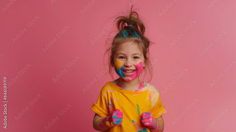 Fototapeta premium cute cheerful kid girl with smiling face painted in bright colors