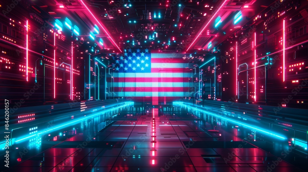 Futuristic Cyberpunk Drone Display: American Flag in Neon City Sky with Holographic Effects