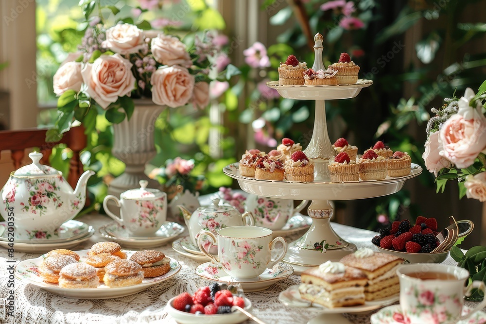 Vintage Tea Party Setting with Floral China and Pastries