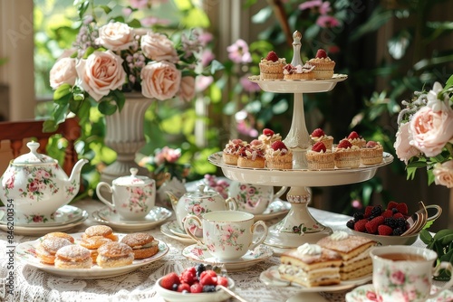 Vintage Tea Party Setting with Floral China and Pastries