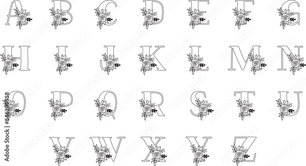 Outlined Floral Monogram, A-Z Alphabet 26 Letters Outlined Floral Monogram, A-Z Alphabet 26 Letters