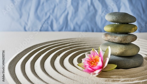 tranquil Zen garden with balanced stones, raked sand patterns and an isolated lotus flower