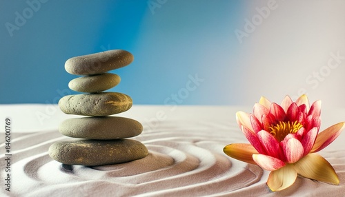  tranquil Zen garden with balanced stones, raked sand patterns and an isolated lotus flower