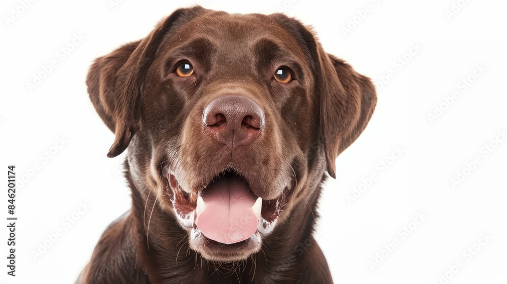 Chocolate labrador portrait facing camera with mouth closed on a white background. AI generative. Chocolate labrador portrait facing camera with mouth closed on a white background. AI generative.