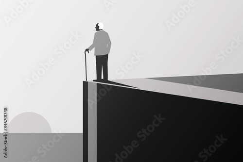 illustration of an old - elderly retirement alzheimer man. standing alone on cliff. sad, lonely - depression concept. minimal vector black gray white illustration