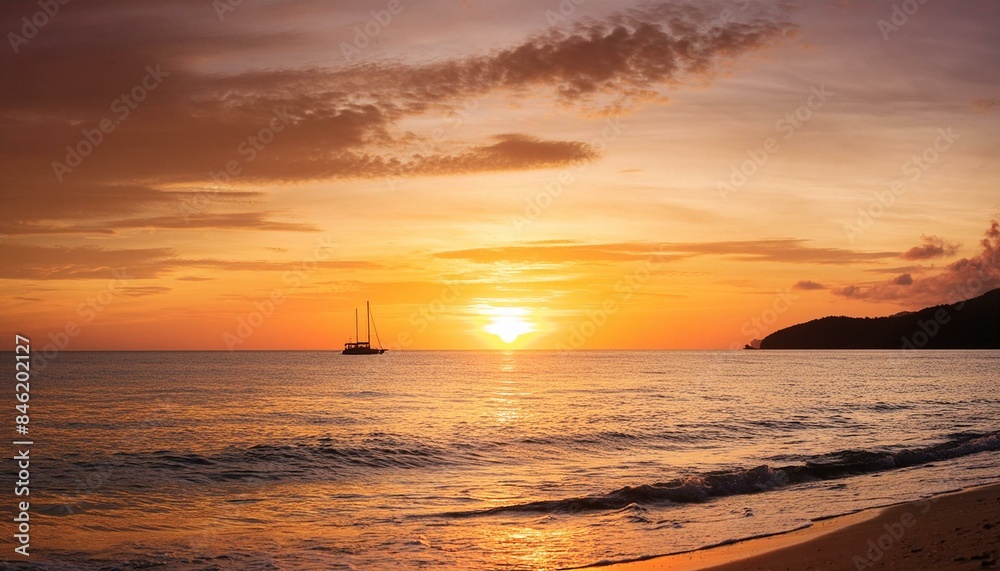 A beautiful sunset over the ocean with a sailboat in view, capturing the serene beauty of nature and relaxation on vacation A beautiful sunset over the ocean with a sailboat in view, capturing the serene beauty of nature and relaxation on vacation