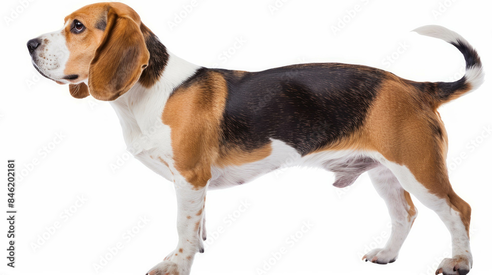 Beagle standing with wagging tail, white background. AI generative. Beagle standing with wagging tail, white background. AI generative.