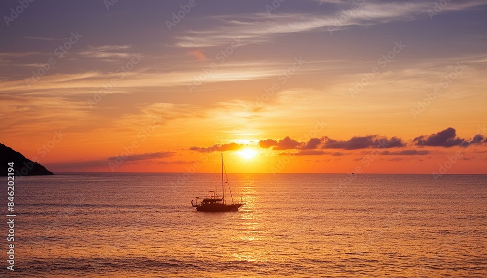 A beautiful sunset over the ocean with a sailboat in view, capturing the serene beauty of nature and relaxation on vacation A beautiful sunset over the ocean with a sailboat in view, capturing the serene beauty of nature and relaxation on vacation