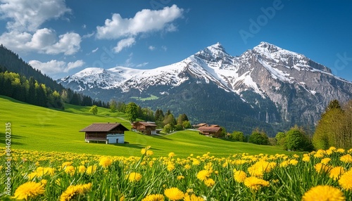 Firefly In the distance, there is a snowcapped mountain in spring time with green grass and yellow 