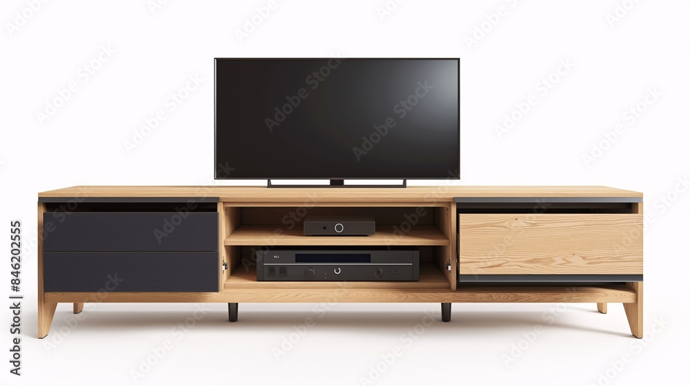 Modern wooden TV stand with storage shelves and a sleek design, ideal for contemporary living rooms and entertainment setups. Modern wooden TV stand with storage shelves and a sleek design, ideal for contemporary living rooms and entertainment setups.
