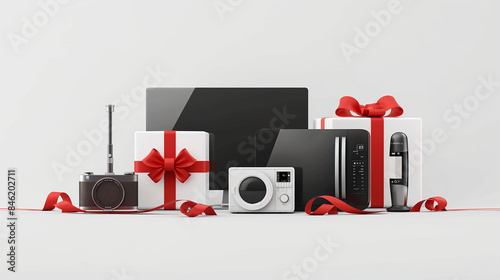 Set of home appliances with red gift ribbon isolated on white background, in the style of a 