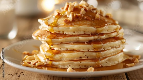 A stack of fluffy coconut pancakes drizzled with warm maple syrup and sprinkled with crunchy macadamia nuts. photo