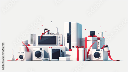 Set of home appliances with red gift ribbon isolated on white background, in the style of a 