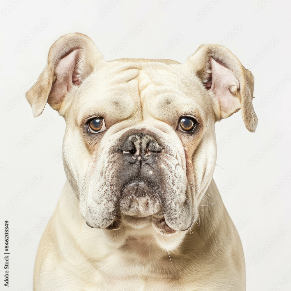Cinematic studio photograph of a beige bulldog emphasizing fine details. AI generative. Cinematic studio photograph of a beige bulldog emphasizing fine details. AI generative.