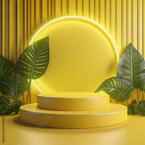  3D rendering of a yellow background with a podium scene for product display presentation