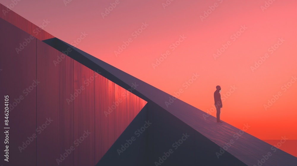 A lone figure stands on a modern architectural structure against a vibrant pink and orange sunset sky. A lone figure stands on a modern architectural structure against a vibrant pink and orange sunset sky.