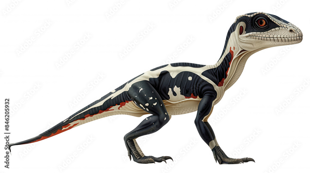 Realistic Digital Painting of a Small Dinosaur with Striking Black, White, and Red Stripes Standing on Rocky Surface with Yellow Eyes and Sharp Teeth in an Exciting Foreground Scene Realistic Digital Painting of a Small Dinosaur with Striking Black, White, and Red Stripes Standing on Rocky Surface with Yellow Eyes and Sharp Teeth in an Exciting Foreground Scene
