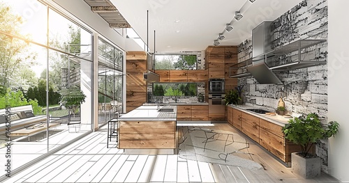 Stylish kitchen interior with modern furniture. Combination of photo and sketch
