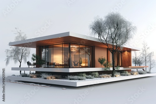 Modern Minimalist House in Winter Landscape with Wooden and Glass Design Elements