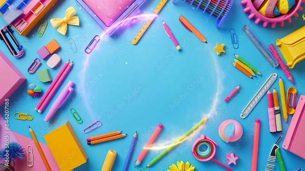 Background with colorful school supplies. Seamless looping time-lapse 4k video animation background