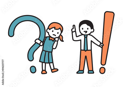 びっくりマークを持った先生と、はてなマークを持った女子生徒のイラスト