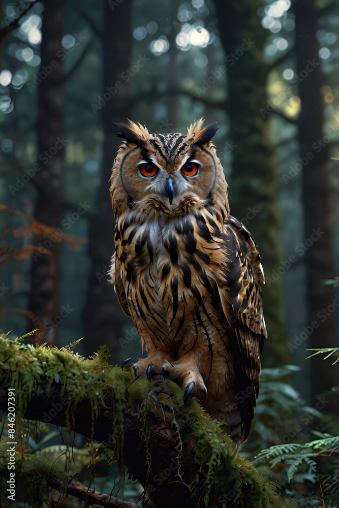 owl perched in the forest trees owl perched in the forest trees