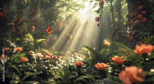 Fototapeta Naklejka Na Ścianę i Meble -  Enchanted Garden Oasis, Imagine a lush garden oasis bursting with vibrant flowers, butterflies fluttering around, and rays of sunlight streaming through the foliage