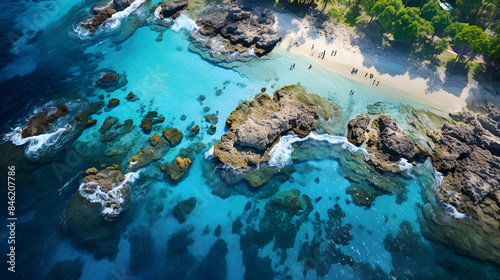 An aerial view of a tropical beach with crystal-clear blue water and lush green trees.