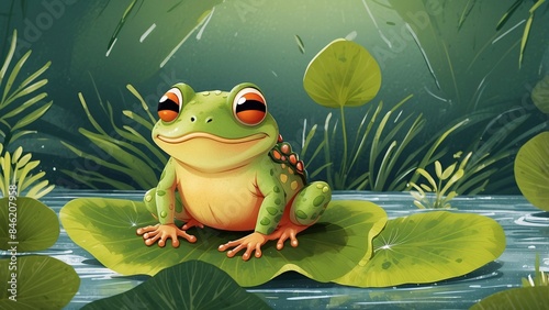 illustration of cute little frog sitting on lotus leaf © Iqbal